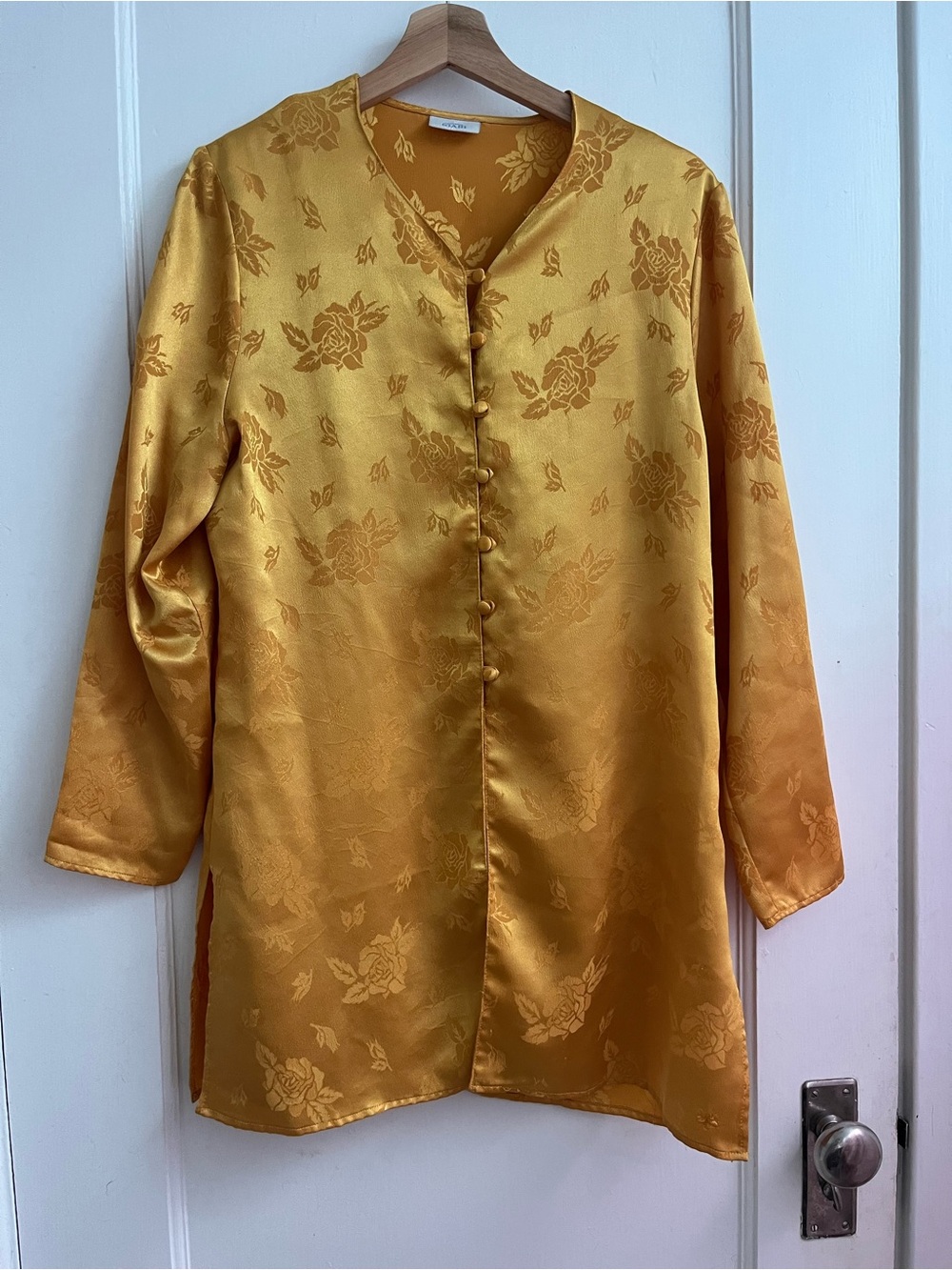 Vintage Golden Floral Satin Button-Front Tunic